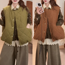 批发官图 复古圆领单排扣棉马甲女2025秋冬新款无袖宽松显瘦外搭上衣