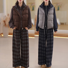 批发官图 立领卫衣叠穿无袖加棉<b class='q'>马甲</b>女2025秋冬新款格子阔腿裤三件套