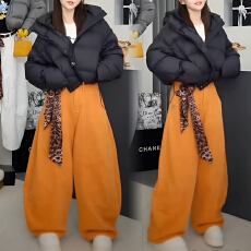 官图 冬季穿搭一整套高级减龄加厚连帽棉服外套休闲阔腿裤两件套