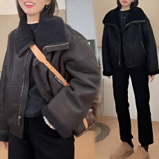 批发官图 2025冬季新款韩版撞色加绒皮毛一体夹克外套软糯pu保暖上衣