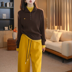 批发官图 撞色门襟假两件长袖针织衫女2025秋冬新款时尚气质休闲上衣