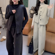 批发官图 简约时尚三件套2025冬季新款<b class='q'>韩版</b>马甲打底衫休闲直筒裤套装