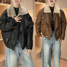 批发官图 加绒加厚翻领毛毛拼接<b class='q'>皮衣</b>女2025冬季新款休闲百搭夹克外套