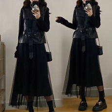 批发官图 <b class='q'>皮衣</b>马甲连衣裙套装2025新款气质穿搭一整套高级纱裙两件套