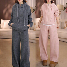 批发官图 韩版休闲风连帽加绒加厚拉链上衣2025秋冬高腰直筒裤两件套