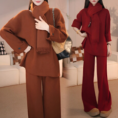 批发官图 2025秋冬季新款针织套装穿搭时尚洋气V领毛衣围巾阔腿裤套装