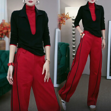 批发官图 秋冬穿搭一整套简约款拼色高领长袖上衣弯刀裤时尚休闲套装