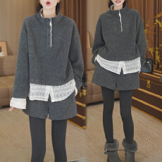 批发官图 温柔拼接<b class='q'>蕾丝</b>下摆半高领卫衣2025秋冬款减龄直筒短裤两件套