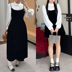 批发官图 法式赫本风<b class='q'>丝绒</b>吊带连衣裙冬娃娃领长袖内搭衬衫叠穿两件套