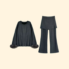 批发官图 休闲套装2025冬季新款韩版时尚拼接毛毛袖卫衣微喇裤两件套