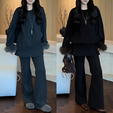 批发官图 小众休闲卫衣套装女2025秋冬加绒毛袖卫衣屁帘微喇裤两件套