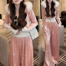 批发官图 2025冬季休闲运动套装洋气收腰显瘦大毛领开衫阔腿裤两件套