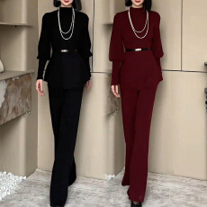 批发官图 法式简约半高领打底上衣2025冬高腰显瘦气质长裤<b class='q'>时尚</b>两件套