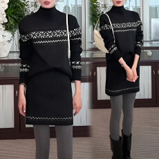 官图 黑色提花毛衣套装女秋冬穿搭一整套高领针织衫半身裙两件套