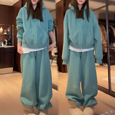 批发官图 韩系一整套加厚连帽拉链外套2025秋冬慵懒阔腿裤保暖<b class='q'>两件套</b>