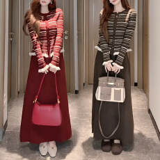 官图 美拉德时尚套装冬季2025新款长袖针织衫高腰显瘦半裙两件套