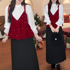 批发官图 时尚<b class='q'>套装</b>冬季新款洋气<b class='q'>丝绒</b>吊带背心喇叭袖衬衫半身裙三件套