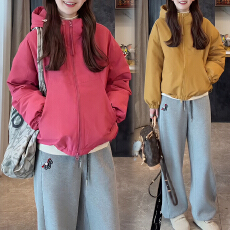 批发官图 多巴胺风连帽短款夹克冬季新款<b class='q'>韩版</b>拉链冲锋衣外套加厚上衣