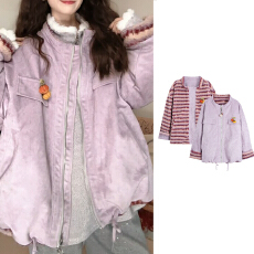 批发官图 2025冬新款韩版撞色拼接加绒加厚双面可穿派克毛毛外套上衣