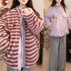 批发官图 时尚软糯加厚撞色两面穿外套2025冬季新款立领设计宽松上衣