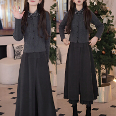 批发官图 2025冬季新款<b class='q'>韩版</b>慵懒风拼接针织上衣女时尚阔腿裙裤两件套