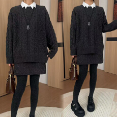 批发官图 慵懒穿搭冬季套装休闲显瘦<b class='q'>宽松</b>套头<b class='q'>针织衫</b>高腰半身裙两件套