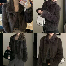 批发官图 高级感翻领毛毛长袖外套秋冬新款皮毛一体保暖气质<b class='q'>开衫</b>上衣