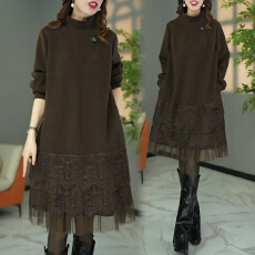 批发官图 2025冬季新款设计款小众百搭宽松拼接蕾丝半高领纯色中长裙