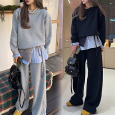 批发官图 复古拼接假两件<b class='q'>卫衣</b><b class='q'>套装</b><b class='q'>女</b>秋冬新款格子屁帘加绒卫裤三件套