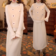 批发官图 高级慵懒打底上衣<b class='q'>印花</b>马甲2025秋冬新款高腰花边半裙三件套