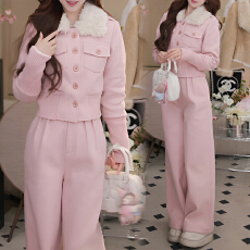 批发官图 洋气粉色毛领显瘦修身<b class='q'>卫衣</b>外套长裤<b class='q'>套装</b><b class='q'>女</b>2025秋冬休闲穿搭