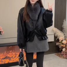 批发官图 毛领保暖皮衣外套女短款黑色休闲高端外套冬季新款保暖上衣