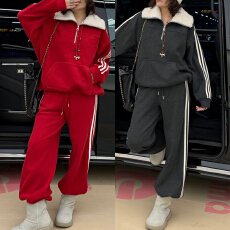 批发官图 2025新款冬加厚条纹拼接撞色<b class='q'>时尚</b>翻领卫衣阔腿裤<b class='q'>休闲</b>两件套