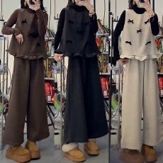 批发官图 时尚气质名媛三件套2025冬季款木耳边蝴蝶结马甲小衫阔腿裤