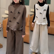 批发官图 2025冬季新款韩系洋气减龄打底上衣蝴蝶结马甲<b class='q'>休闲</b>裤两件套