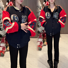 批发官图 冬季漂亮上衣小众设计宽松百搭美式复古拼接撞色棒球服外套