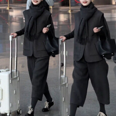 批发官图 轻奢洋气叠穿套装2025冬季圆领无袖马夹<b class='q'>七分</b>裤打底衫三件套