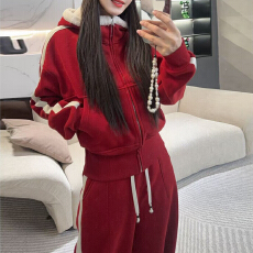 批发官图 慵懒时尚撞色双杠条连帽拉链外套2025秋<b class='q'>冬</b>新款直筒裤两件套