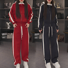 批发官图 2025<b class='q'>冬</b>新款时尚连帽双杠撞色拼接拉链外套慵懒阔腿裤两件套