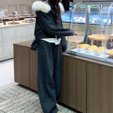 批发官图 韩系慵懒毛领连帽卫衣套装冬季双拉链上衣外套阔腿<b class='q'>裤</b><b class='q'>两件套</b>