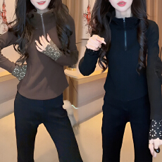 批发官图 洋气质百搭半拉链<b class='q'>卫衣</b>2025冬新款修身加厚保暖蕾丝长袖上衣