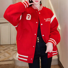 批发官图 欧货美式撞色毛呢加棉棒球服外套秋冬时尚显瘦休闲夹克上衣