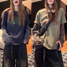 批发官图 时尚高级感慵懒拼接撞色<b class='q'>条纹</b>假两件<b class='q'>T</b><b class='q'>恤</b>2025秋冬新款百搭上衣