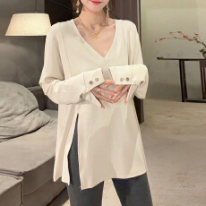 批发官图 极简开叉长袖t恤2025新款超好看V领打底衫休闲宽松百搭上衣