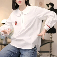 批发官图 2025秋冬韩系翻领半拉链拼接小马白衬衫长袖衬衣减龄上衣