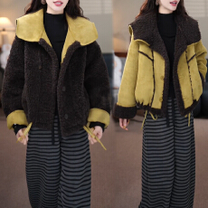 批发官图 独特别致撞色拼接纽扣两面穿毛毛外套2025冬季新款气质上衣