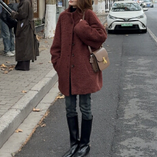 批发官图 2025冬季新款立领毛毛时尚保暖中<b class='q'>长款</b>外套慵懒风单排扣上衣