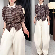 批发官图 秋冬甜美纯欲风娃娃领<b class='q'>格子衬衫</b>高腰阔腿裤女小个子慵懒套装
