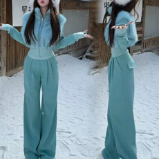 批发官图 懒人穿搭毛毛领<b class='q'>短款</b><b class='q'>卫衣</b>外套+阔脚休闲裤2025冬季时髦两件套