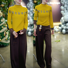 批发官图 时尚洋气复古假两件波边字母上衣2025秋冬<b class='q'>新款</b>阔腿<b class='q'>裤</b><b class='q'>两件套</b>